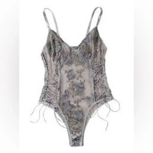 Floral Embroidered Mesh Lace-Up Teddy Bodysuit Size: Medium NWOT
